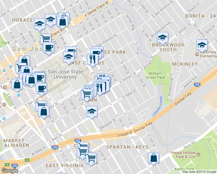 map of restaurants, bars, coffee shops, grocery stores, and more near in San Jose