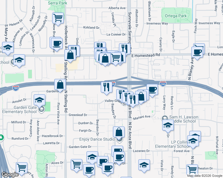 map of restaurants, bars, coffee shops, grocery stores, and more near 20105 Valley Green Drive in Cupertino