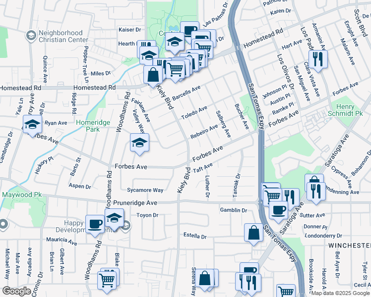 map of restaurants, bars, coffee shops, grocery stores, and more near 2805 Sykes Court in Santa Clara
