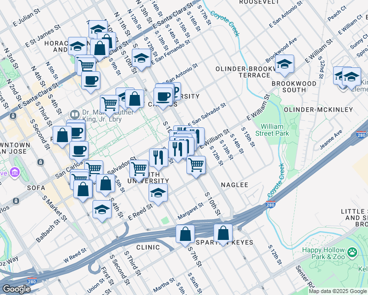 map of restaurants, bars, coffee shops, grocery stores, and more near in San Jose