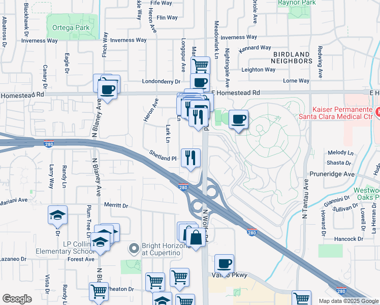 map of restaurants, bars, coffee shops, grocery stores, and more near 19608 Pruneridge Avenue in Cupertino