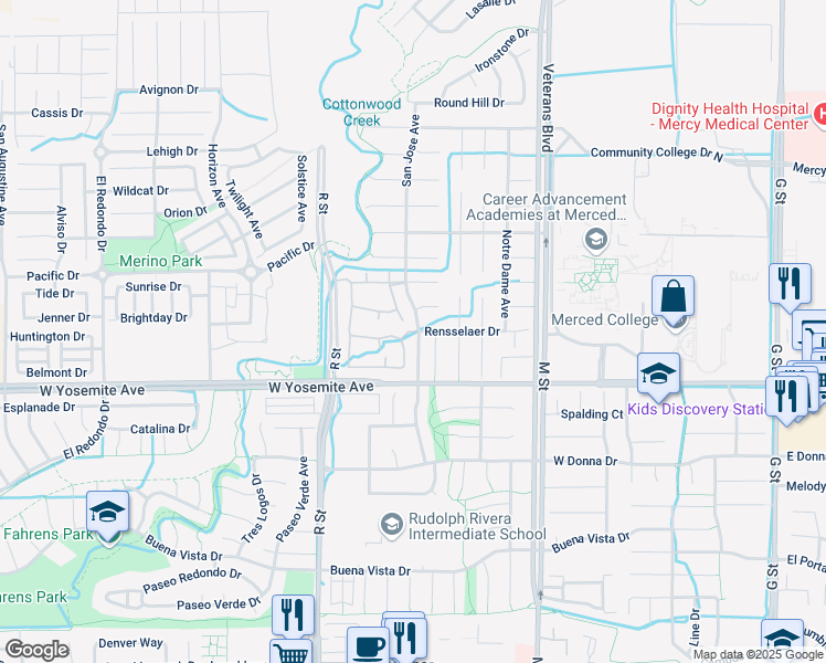 map of restaurants, bars, coffee shops, grocery stores, and more near 3697 San Jose Avenue in Merced