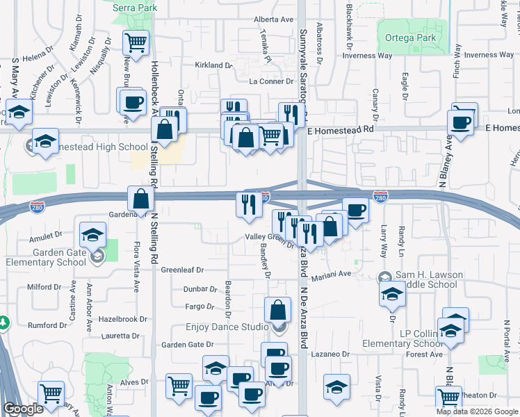 map of restaurants, bars, coffee shops, grocery stores, and more near 20565 Valley Green Drive in Cupertino