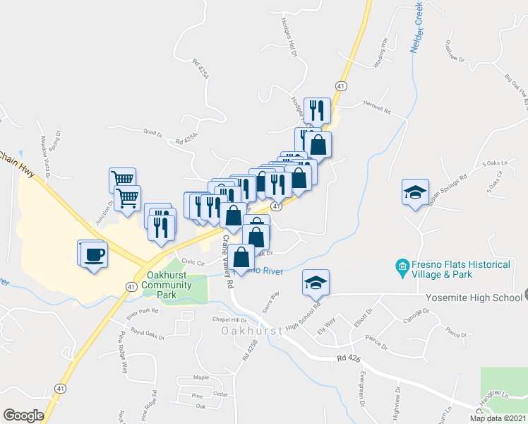 map of restaurants, bars, coffee shops, grocery stores, and more near 40389 Highway 41 in Oakhurst