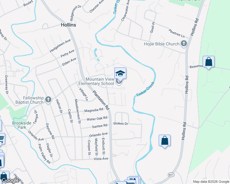 map of restaurants, bars, coffee shops, grocery stores, and more near 5931 Dairy Road in Roanoke
