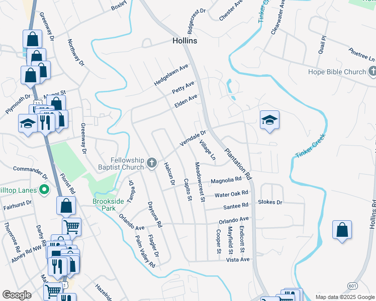 map of restaurants, bars, coffee shops, grocery stores, and more near 5668 Meadowcrest Street in Hollins