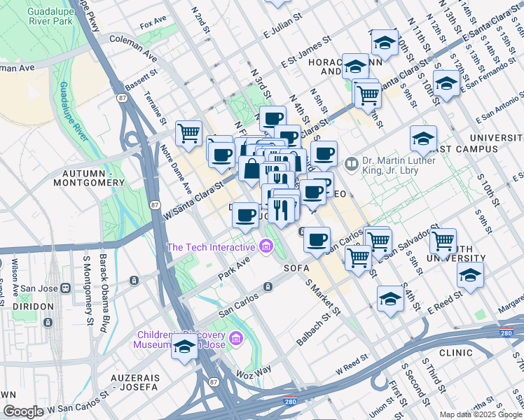 map of restaurants, bars, coffee shops, grocery stores, and more near 88 West San Fernando Street in San Jose