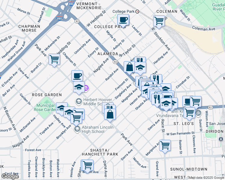 map of restaurants, bars, coffee shops, grocery stores, and more near 1245 Fremont Street in San Jose