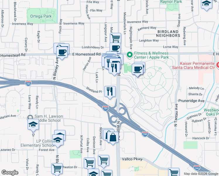map of restaurants, bars, coffee shops, grocery stores, and more near 19608 Pruneridge Avenue in Cupertino