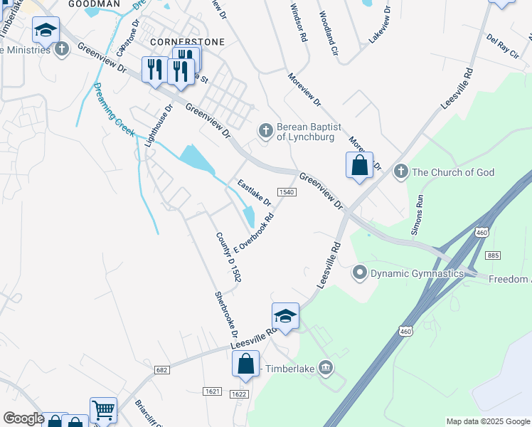 map of restaurants, bars, coffee shops, grocery stores, and more near 167 East Overbrook Road in Lynchburg
