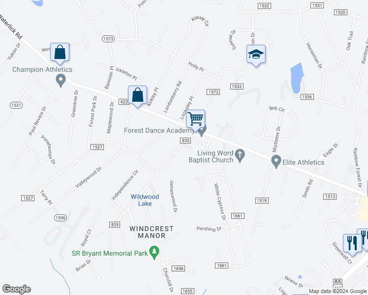 map of restaurants, bars, coffee shops, grocery stores, and more near 21 Hokie Place in Forest