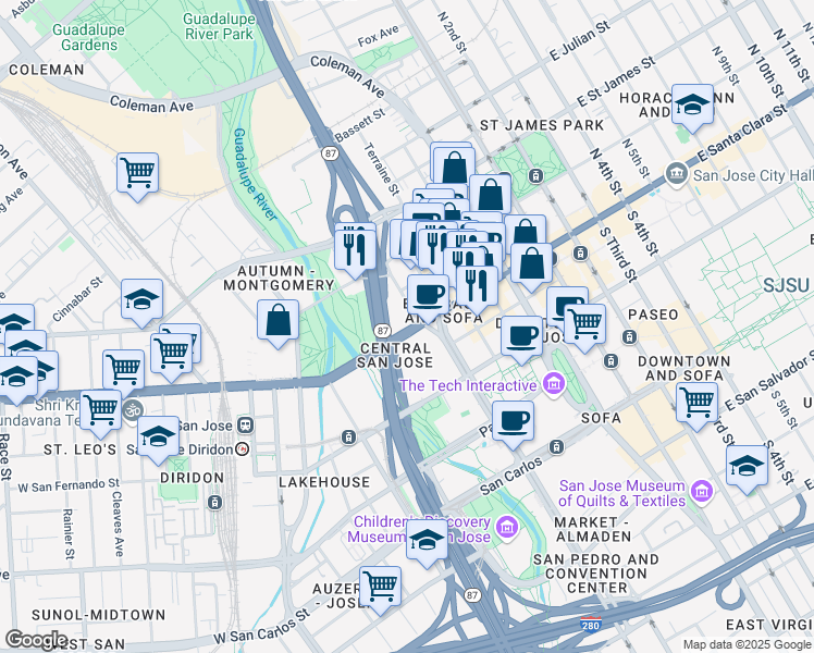 map of restaurants, bars, coffee shops, grocery stores, and more near 334 West Santa Clara Street in San Jose