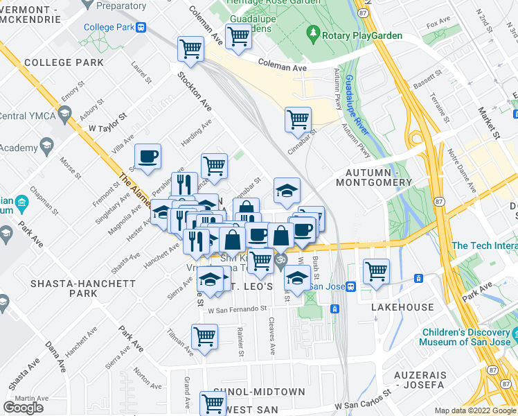 map of restaurants, bars, coffee shops, grocery stores, and more near 920 West Julian Street in San Jose