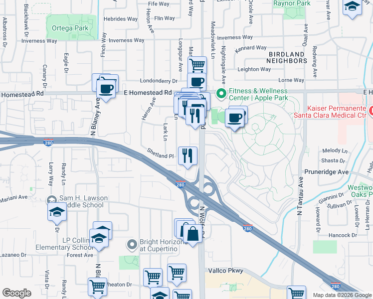 map of restaurants, bars, coffee shops, grocery stores, and more near 19608 Pruneridge Avenue in Cupertino