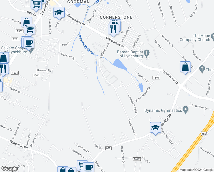 map of restaurants, bars, coffee shops, grocery stores, and more near 24 Cape Lookout Court in Lynchburg