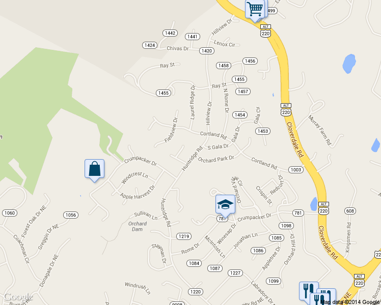 map of restaurants, bars, coffee shops, grocery stores, and more near 5904 Huntridge Rd in Roanoke