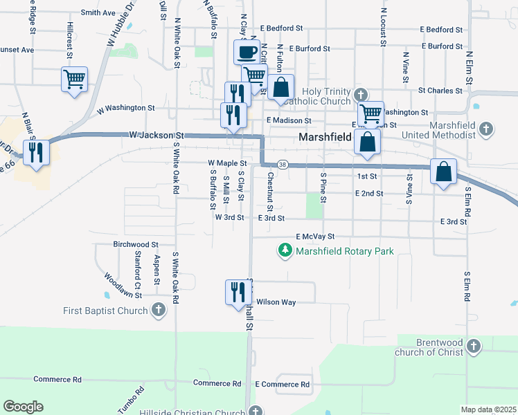 map of restaurants, bars, coffee shops, grocery stores, and more near 555-599 S Marshall St in Marshfield