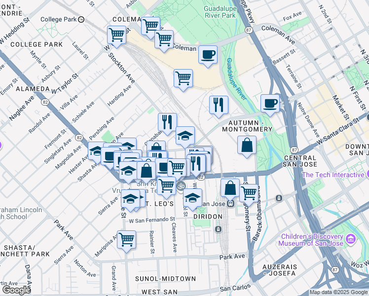 map of restaurants, bars, coffee shops, grocery stores, and more near 717 West Julian Street in San Jose