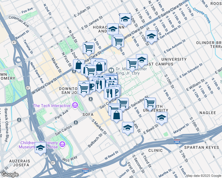 map of restaurants, bars, coffee shops, grocery stores, and more near 110 Paseo de San Antonio in San Jose