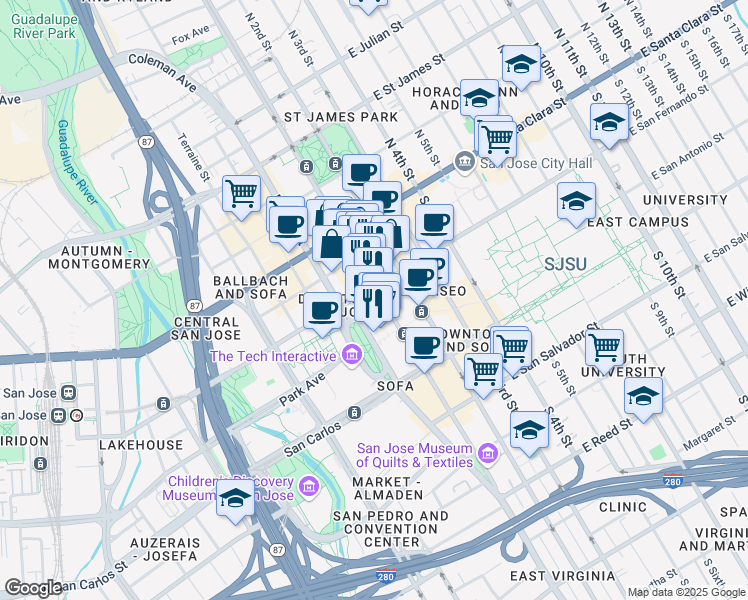 map of restaurants, bars, coffee shops, grocery stores, and more near 50 West San Fernando Street in San Jose