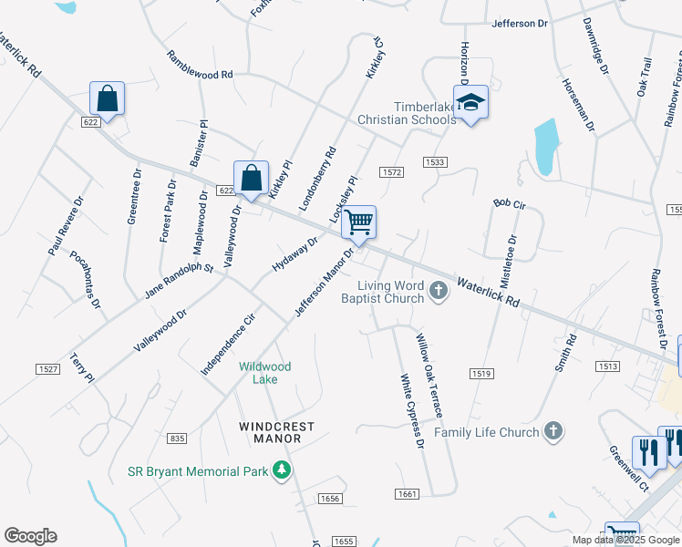 map of restaurants, bars, coffee shops, grocery stores, and more near 21 Hokie Place in Forest