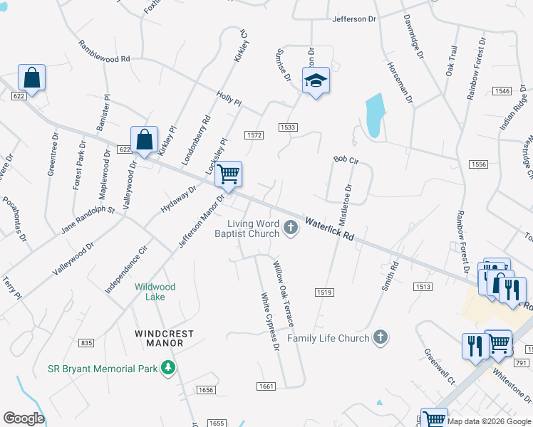map of restaurants, bars, coffee shops, grocery stores, and more near 4240 Waterlick Road in Forest