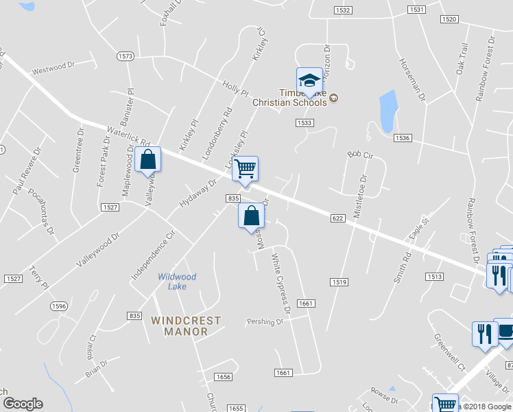 map of restaurants, bars, coffee shops, grocery stores, and more near 148 Moss Creek Drive in Forest