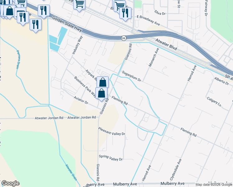 map of restaurants, bars, coffee shops, grocery stores, and more near 6144 Fleming Road in Atwater