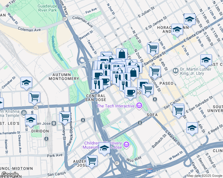 map of restaurants, bars, coffee shops, grocery stores, and more near in San Jose