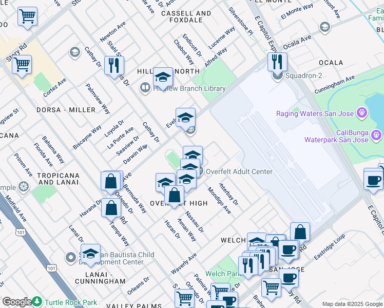 map of restaurants, bars, coffee shops, grocery stores, and more near 1914 Winterpark Way in San Jose