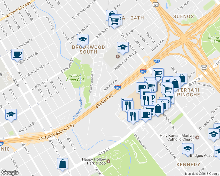 map of restaurants, bars, coffee shops, grocery stores, and more near 838 Jeanne Avenue in San Jose