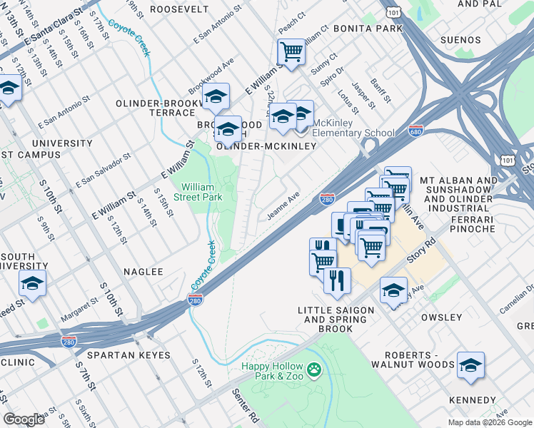map of restaurants, bars, coffee shops, grocery stores, and more near 838 Jeanne Avenue in San Jose