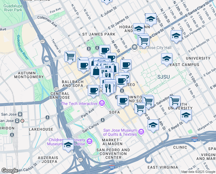 map of restaurants, bars, coffee shops, grocery stores, and more near in San Jose