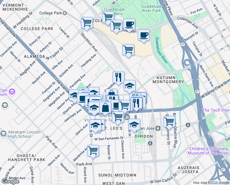 map of restaurants, bars, coffee shops, grocery stores, and more near 920 West Julian Street in San Jose