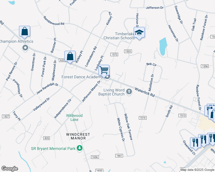 map of restaurants, bars, coffee shops, grocery stores, and more near 101 Moss Creek Drive in Forest