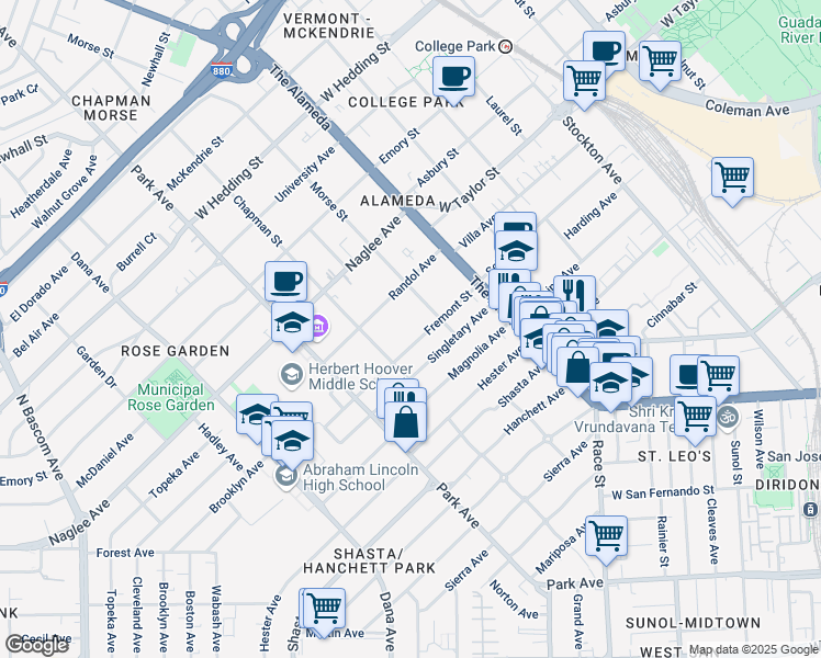 map of restaurants, bars, coffee shops, grocery stores, and more near 1245 Fremont Street in San Jose