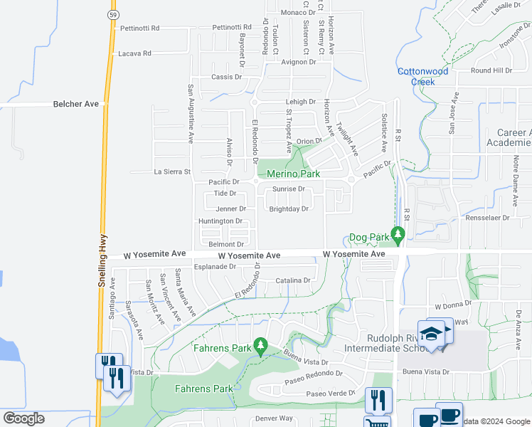 map of restaurants, bars, coffee shops, grocery stores, and more near 1292 Brightday Drive in Merced