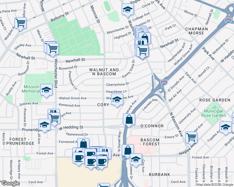 map of restaurants, bars, coffee shops, grocery stores, and more near 2244 Peachtree Lane in San Jose