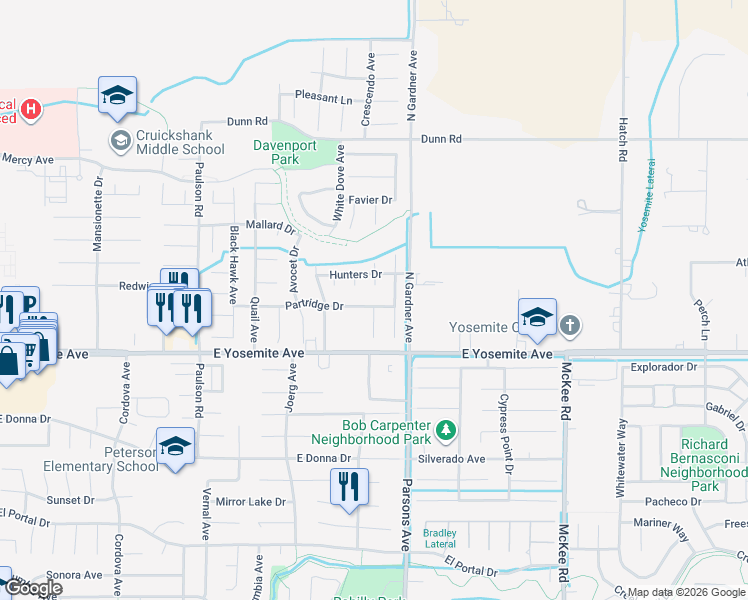 map of restaurants, bars, coffee shops, grocery stores, and more near 1510 Partridge Drive in Merced