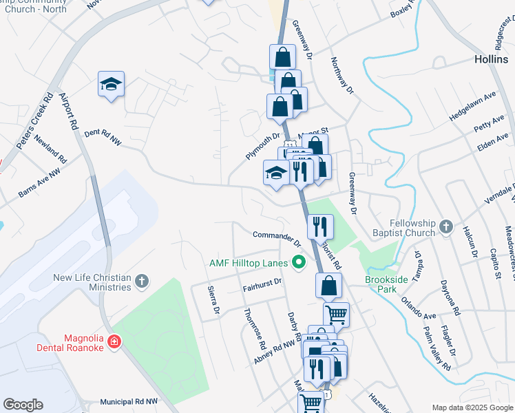 map of restaurants, bars, coffee shops, grocery stores, and more near 6174 Darby Road in Roanoke