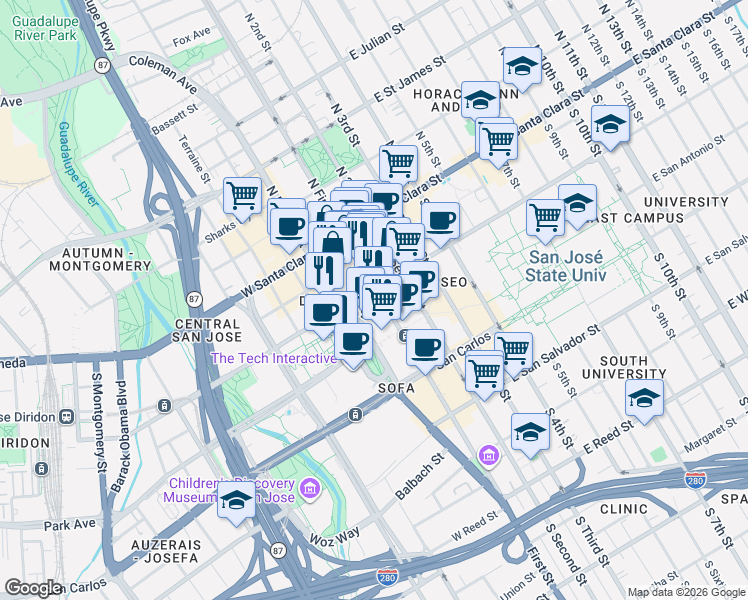 map of restaurants, bars, coffee shops, grocery stores, and more near 50 West San Fernando Street in San Jose