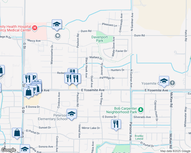 map of restaurants, bars, coffee shops, grocery stores, and more near 1145 Partridge Drive in Merced