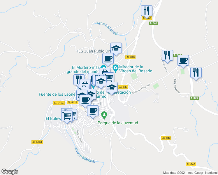 map of restaurants, bars, coffee shops, grocery stores, and more near 30 Calle Cervantes in Macael