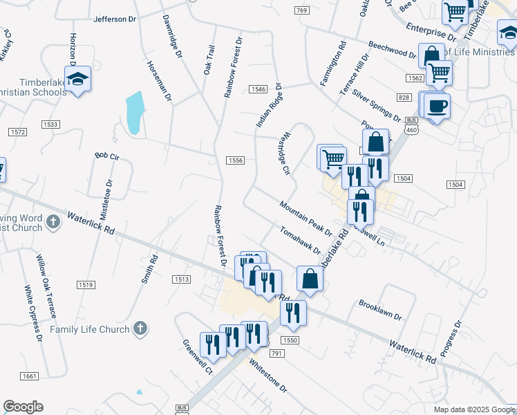 map of restaurants, bars, coffee shops, grocery stores, and more near 503 Tomahawk Drive in Lynchburg