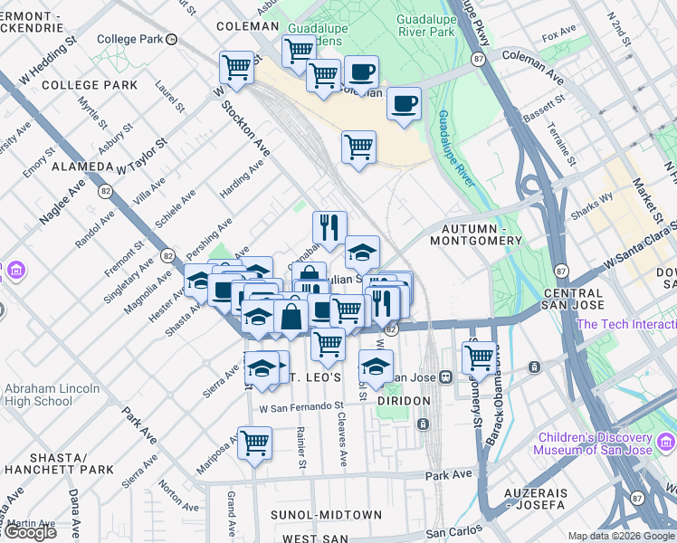 map of restaurants, bars, coffee shops, grocery stores, and more near 920 West Julian Street in San Jose