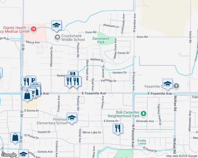 map of restaurants, bars, coffee shops, grocery stores, and more near 1188 Partridge Drive in Merced