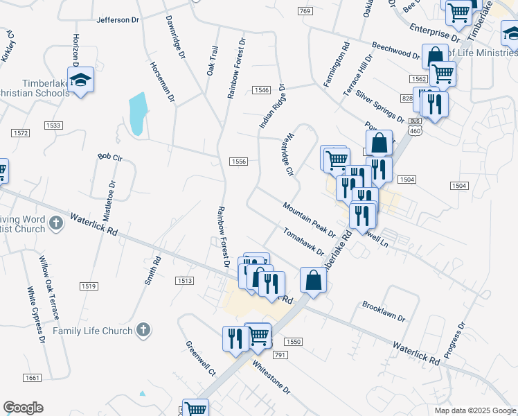 map of restaurants, bars, coffee shops, grocery stores, and more near 503 Tomahawk Drive in Lynchburg