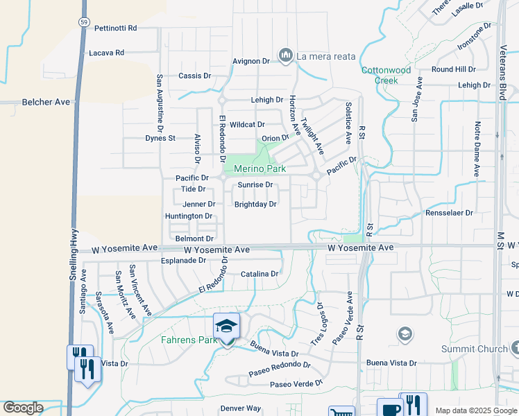 map of restaurants, bars, coffee shops, grocery stores, and more near 1248 Brightday Drive in Merced