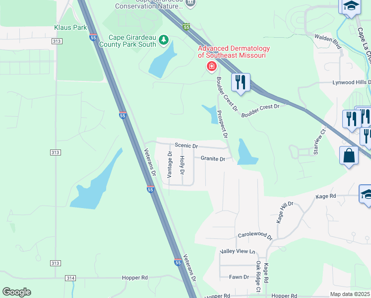 map of restaurants, bars, coffee shops, grocery stores, and more near 1428 Holly Drive in Cape Girardeau