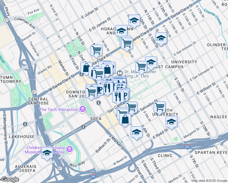 map of restaurants, bars, coffee shops, grocery stores, and more near 144 South 3rd Street in San Jose